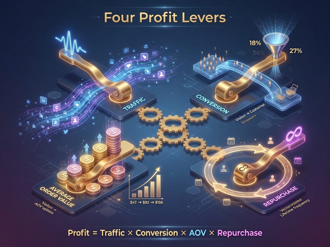 Diagram of the four profit levers in tobacco content operations — traffic, conversion, AOV, and repeat purchase form a multiplicative relationship